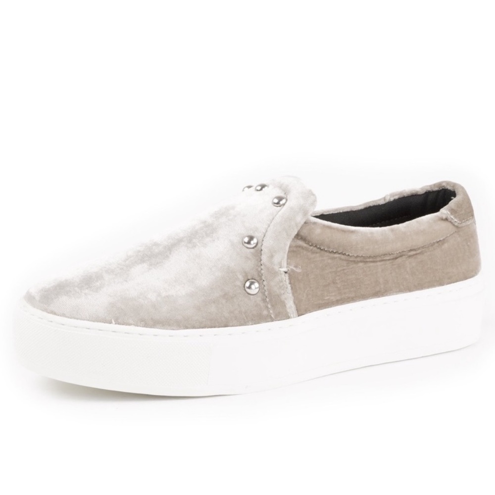 Rebecca Minkoff Taupe Gray Velvet Studded Platform Slip On Sneakers